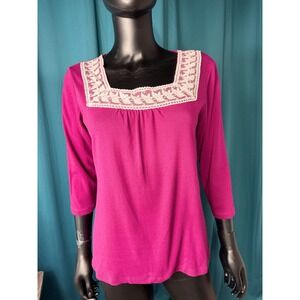 Jason Maxwell Magenta Pink Square Neck Lace Trim 3/4 Sleeve Knit Top Blouse M